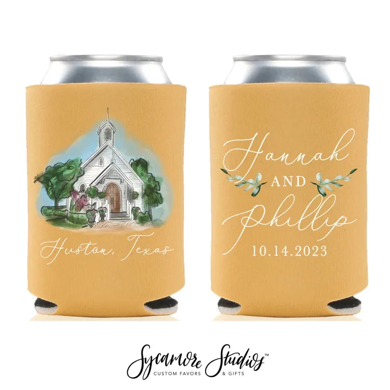 Wedding Regular & Slim Can Cooler Package #9FRS - Full Color - Custom Watercolor Venue