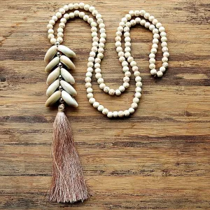 White Magnesite Beads with Cowry Shells and Silk Tassel | Erika Williner Designs