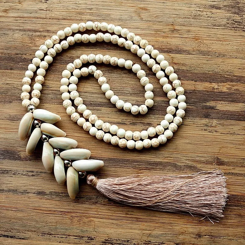 White Magnesite Beads with Cowry Shells and Silk Tassel | Erika Williner Designs