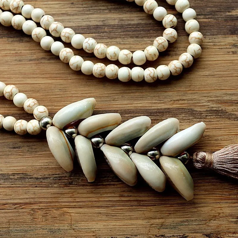 White Magnesite Beads with Cowry Shells and Silk Tassel | Erika Williner Designs