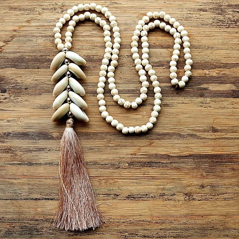 White Magnesite Beads with Cowry Shells and Silk Tassel | Erika Williner Designs