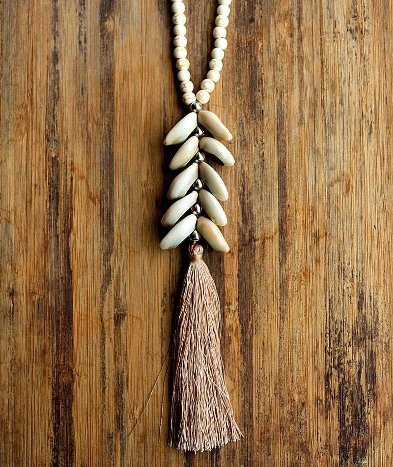 White Magnesite Beads with Cowry Shells and Silk Tassel | Erika Williner Designs