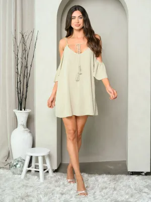 WOMEN'S OFF SHOULDER TUNIC TASSEL TIE FRONT MINI DRESS