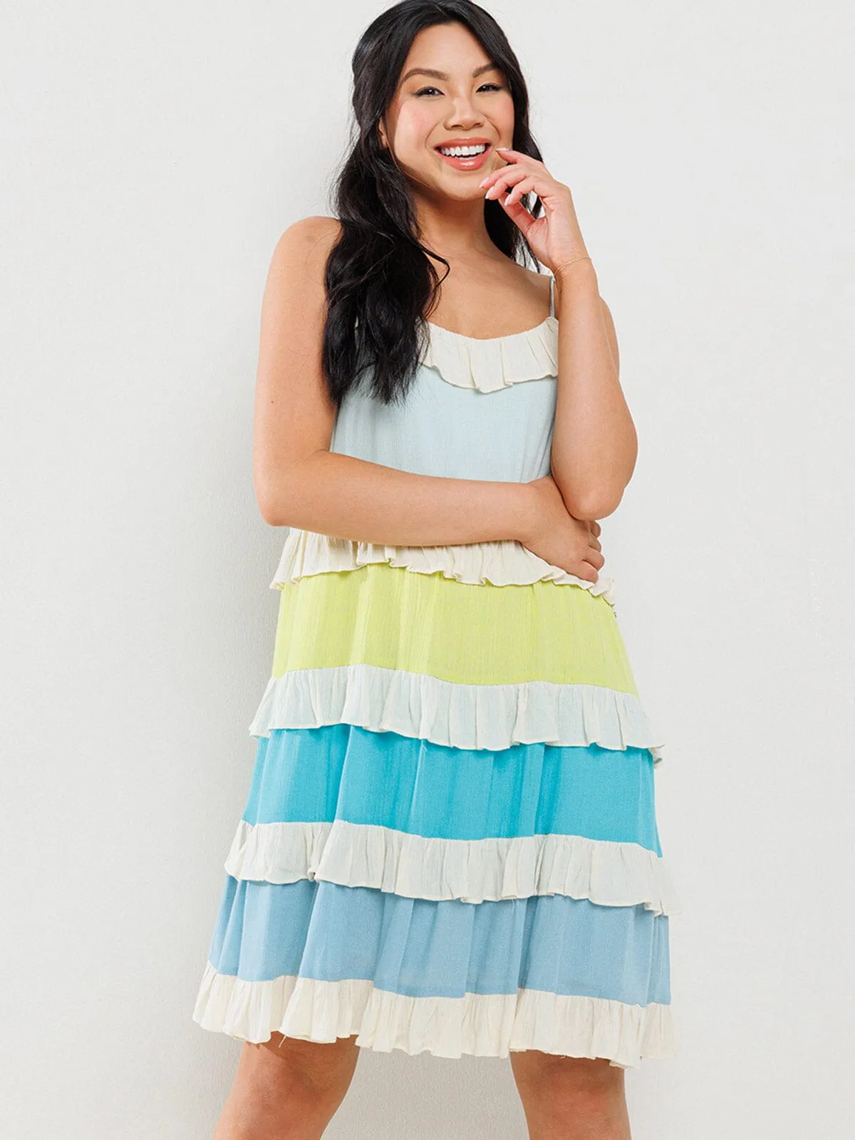 WOMEN'S SLEEVELESS RUFFLE TIERED COLORBLOCK MINI DRESS