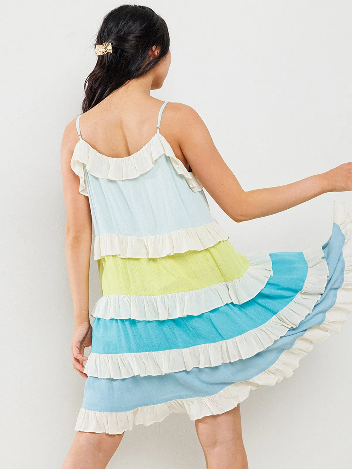 WOMEN'S SLEEVELESS RUFFLE TIERED COLORBLOCK MINI DRESS