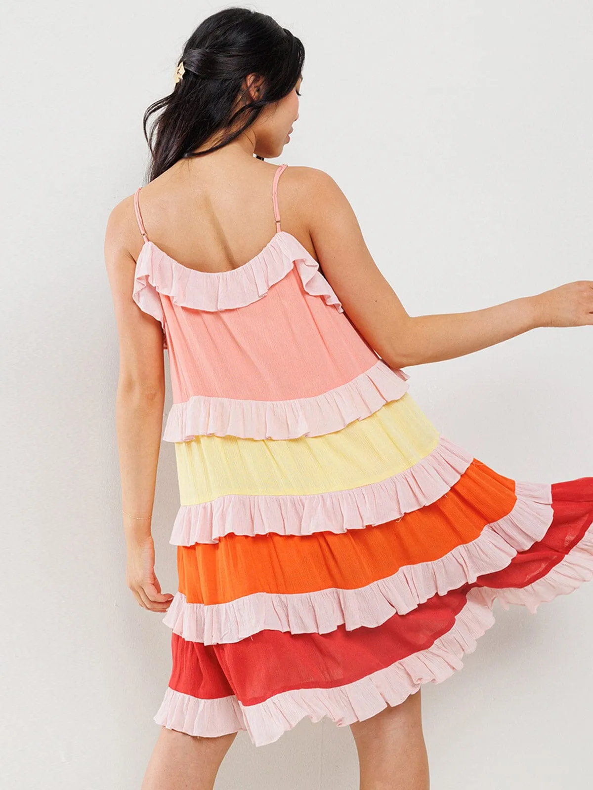 WOMEN'S SLEEVELESS RUFFLE TIERED COLORBLOCK MINI DRESS