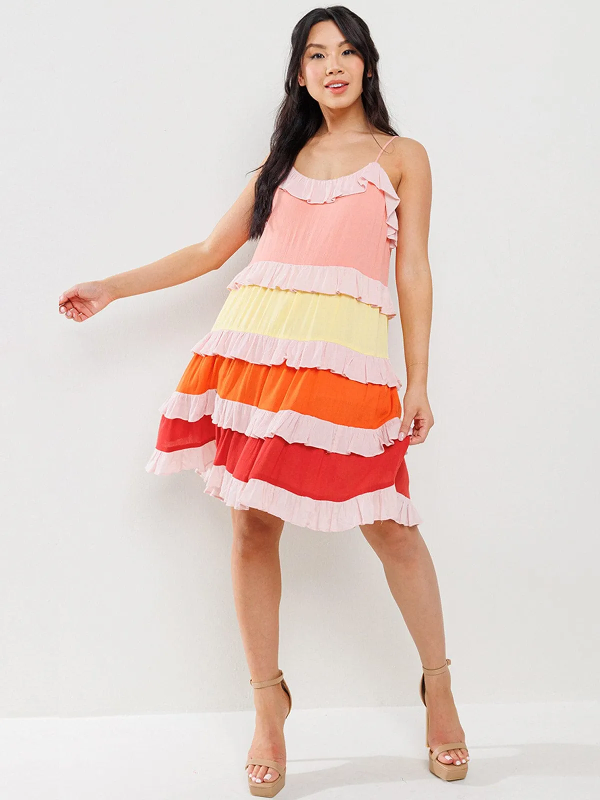 WOMEN'S SLEEVELESS RUFFLE TIERED COLORBLOCK MINI DRESS