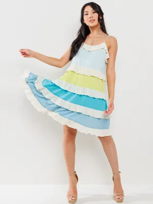 WOMEN'S SLEEVELESS RUFFLE TIERED COLORBLOCK MINI DRESS