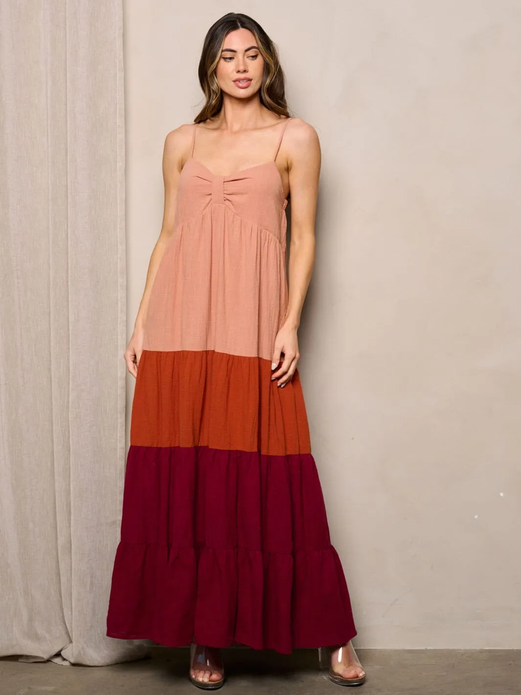 WOMEN'S SLEEVELESS V-NECK COLORBLOCK TIERED MAXI DRESS
