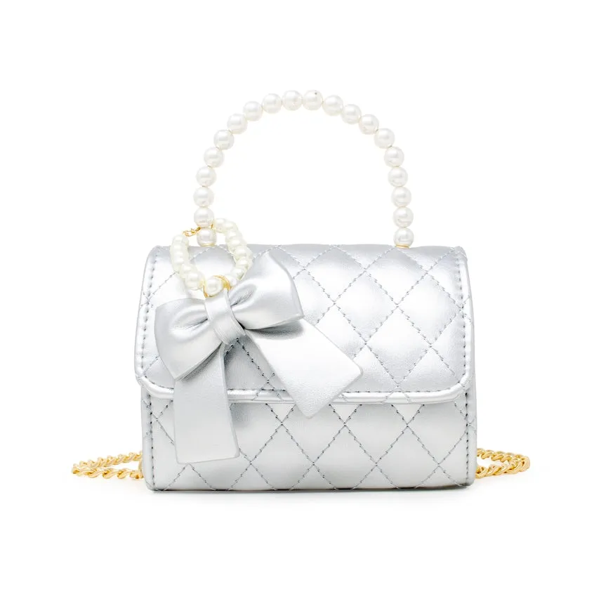 Zomi Gems Quilted Pearl Handle Bow Ribbon Handbag - Silver