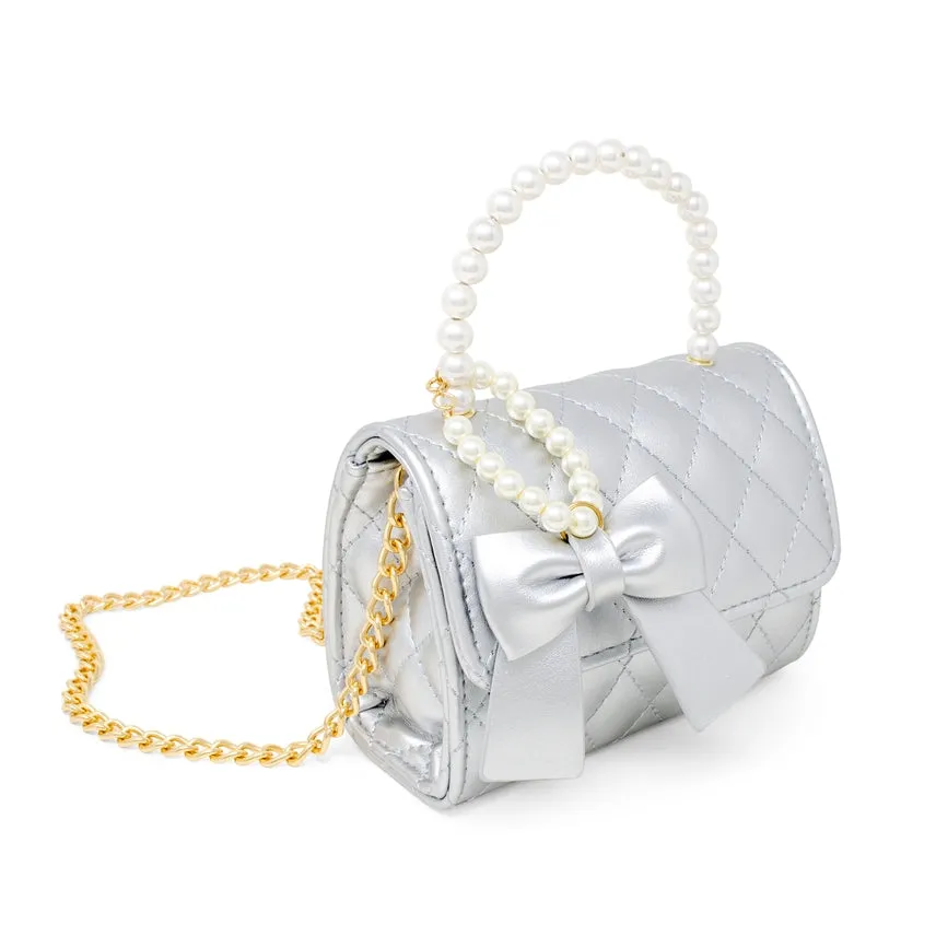 Zomi Gems Quilted Pearl Handle Bow Ribbon Handbag - Silver